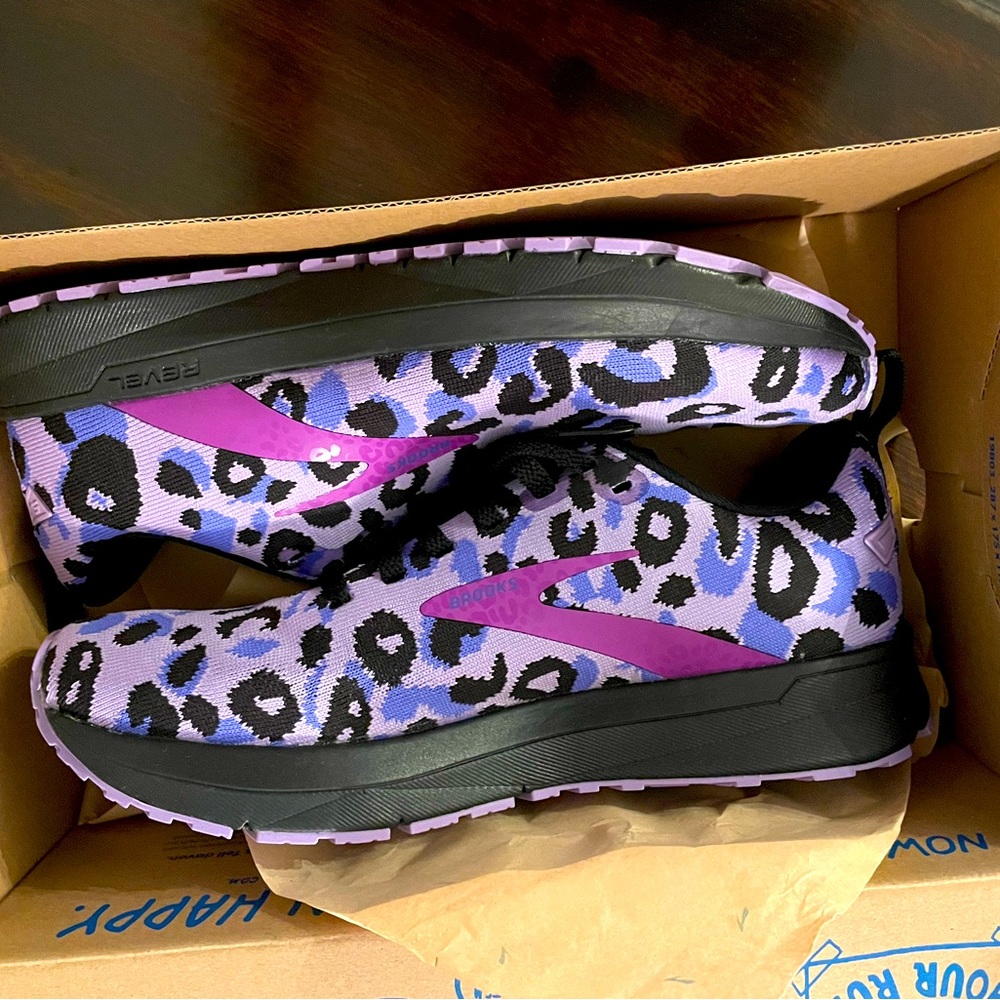 Women’s 7.5 Brooks Revel 5, Purple/Black Cheetah, Brand New With Box